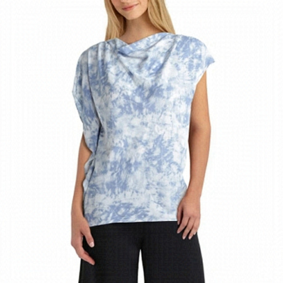 H Halston Blouse Top Asymmetric Draped Flutter Sleeve Tonal Tie Dye Rivier XS-S - Picture 1 of 16